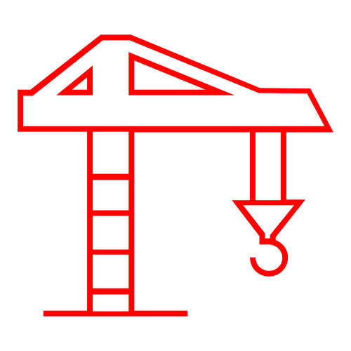 Symbolische Darstellung eines roten Krans mit Haken, der für Hochbau und Bauprojekte steht